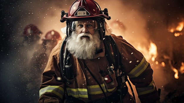Santa Claus leads firefighters into blazing inferno showing courage and leadership