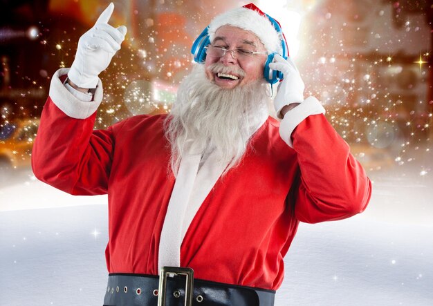 Santa claus listening to music on headphones