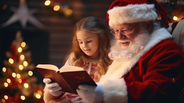 Santa Claus and a little girl are reading a book New Year and Christmas holidays The atmosphere of the holiday