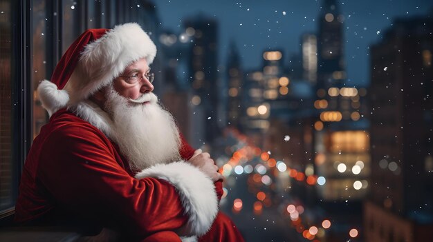 Санта-Клаус смотрит из окна в городе ночью Генеративный ИИ