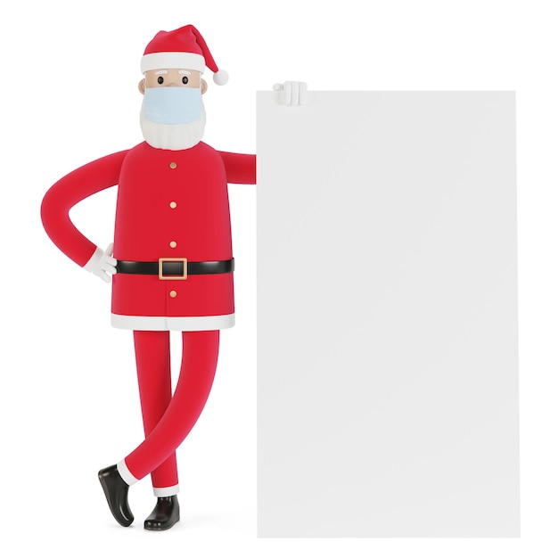 Photo santa claus in a mask with a banner. for christmas cards, banners and labels. 3d illustration in cartoon style.