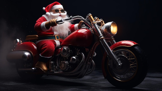 검은 배경 앞에서 오토바이를 탄 산타클로스