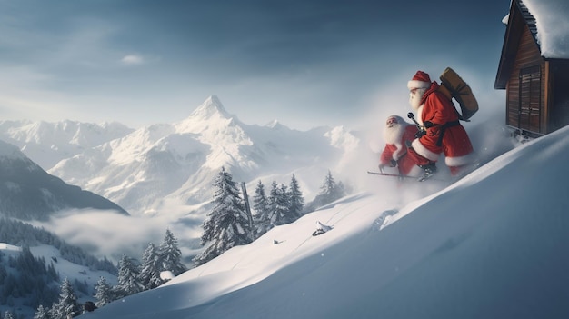 Santa claus on a mountain with mountains in the background