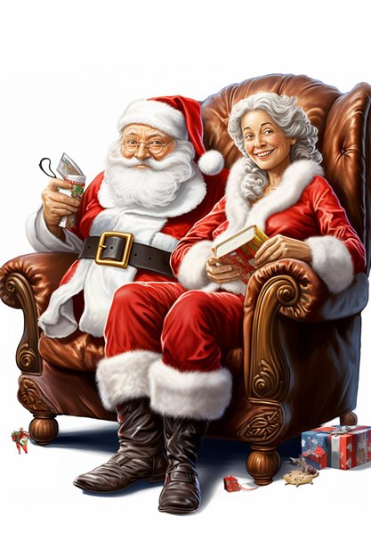 santa claus and mrs claus sitting on a chair with presents generative ai