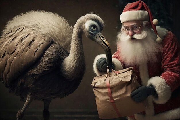 Santa Claus on an ostrich delivers gifts to obedient children