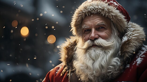 Santa Claus outdoors in snowfall Christmas portrait
