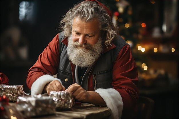 Santa claus packing gifts for children at home