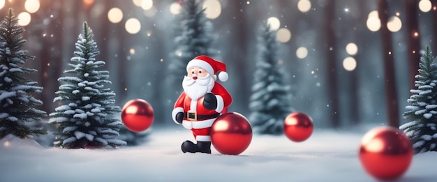 Санта-Клаус играет и жонглирует рождественскими украшениями на открытом воздухе в снегу на закате
