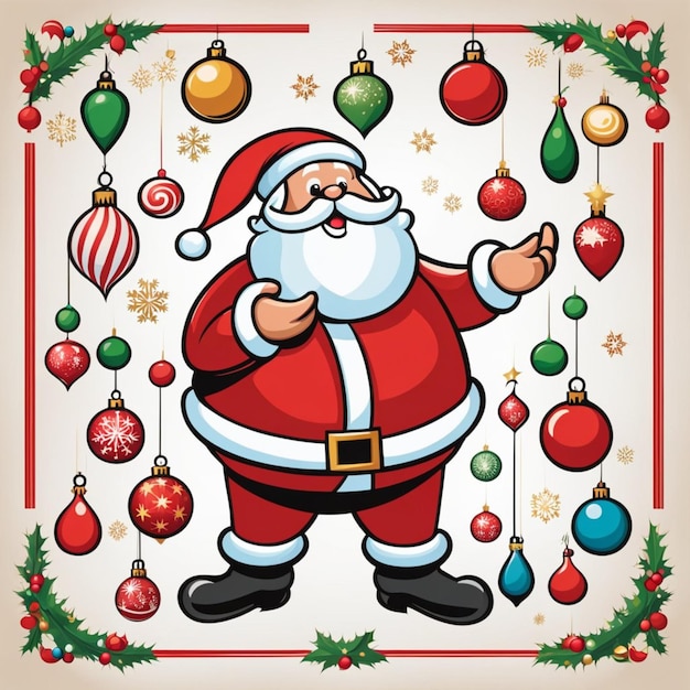 Санта-Клаус играет и жонглирует рождественскими украшениями на открытом воздухе в снегу на закате