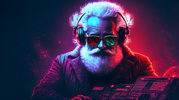 Santa claus playing on analog synthesizer synthwave style neural network generated art