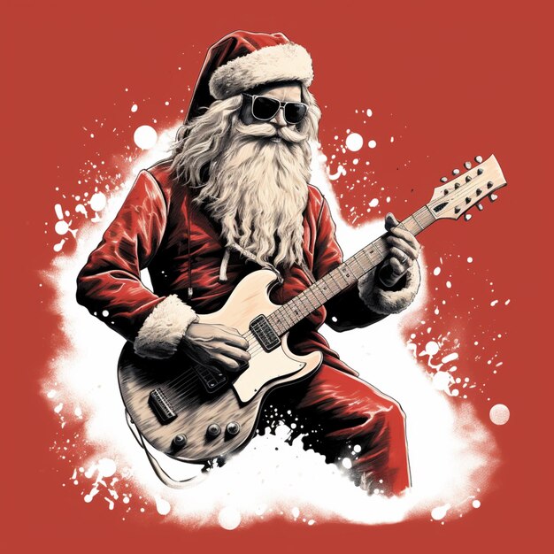 Foto babbo natale suona la chitarra con uno sfondo rosso generativo ai