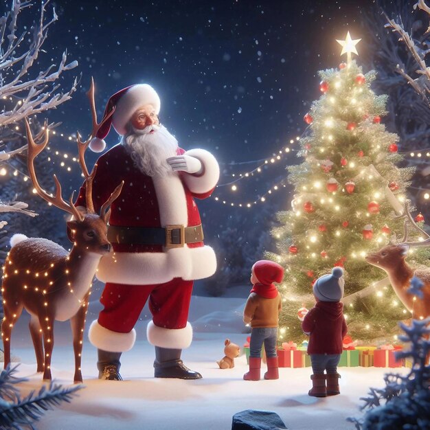 santa claus playing with kids and reindeer