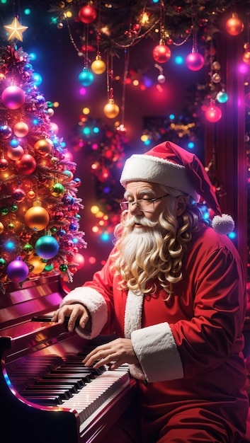 A Santa Claus plays the piano