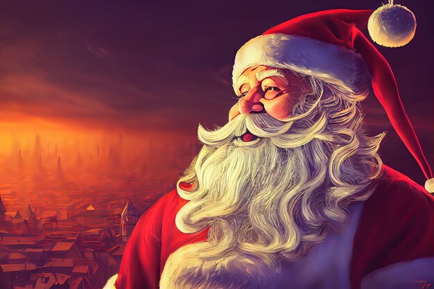 Santa Claus portrait Christmas illustration Holiday decorations Christmas tree gifts decorations Happy New Year digital art style illustration painting