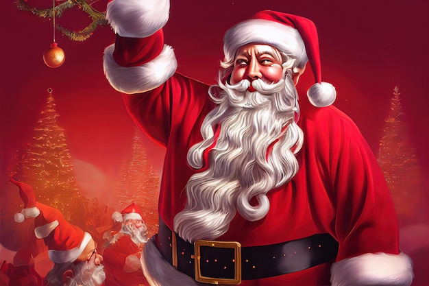 Santa Claus portrait Christmas illustration Holiday decorations Christmas tree gifts decorations Happy New Year digital art style illustration painting