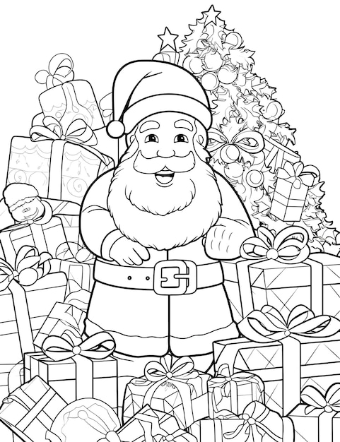 Photo santa claus and presents coloring pages for kids