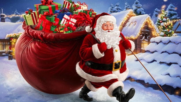 Santa claus pulling christmas bag