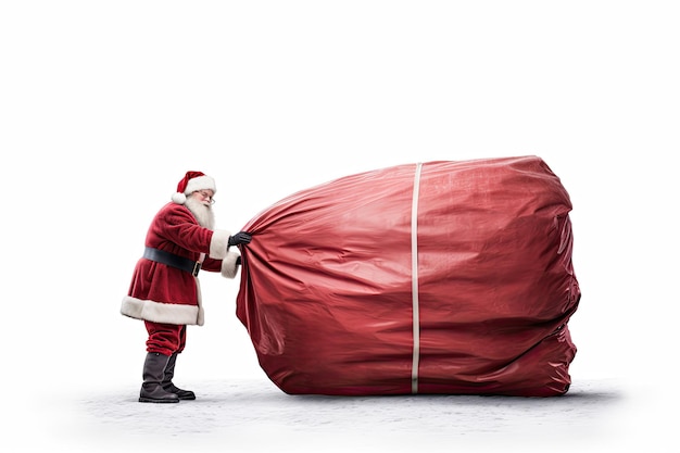 Photo santa claus pulling huge bag full of christmas presents isolated on white background