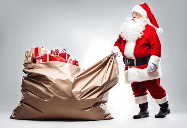 Foto babbo natale tira un enorme sacchetto di regali