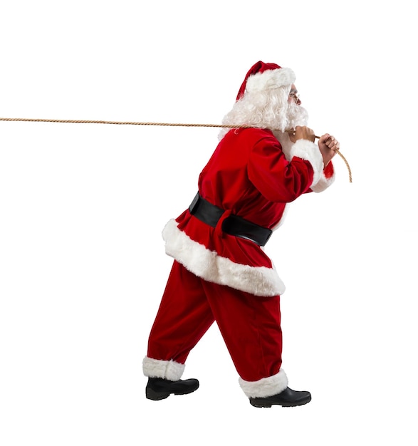 Santa claus pulls a rope to move something