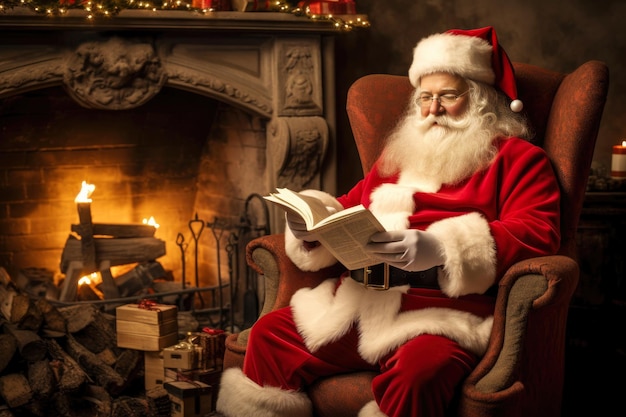 Santa claus reading childrens letters while resting in an armchair in his house