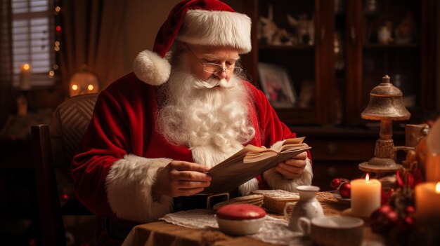 산타클로스가 마음 깊은 어린이 편지를 읽으며 휴일 기과 즐거운 흥분을 퍼뜨린다