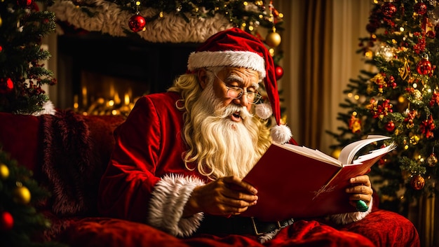 Santa Claus reading letters at home