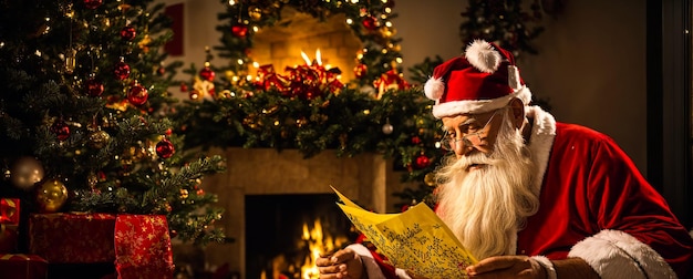 Santa Claus reading letters at home