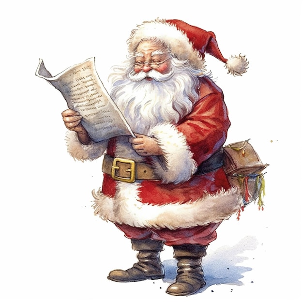 Santa claus reading a newspaper while holding a bag of presents generative ai