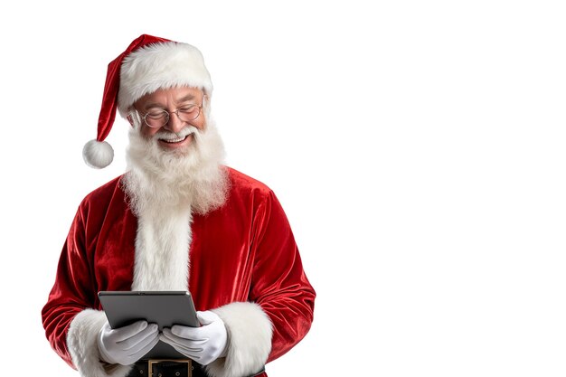 Santa Claus reads letters with wishes on a tablet and smiles White background with space for text