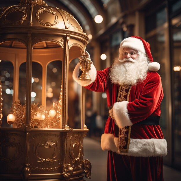 Santa claus in a red costume is pushing hotel trolley