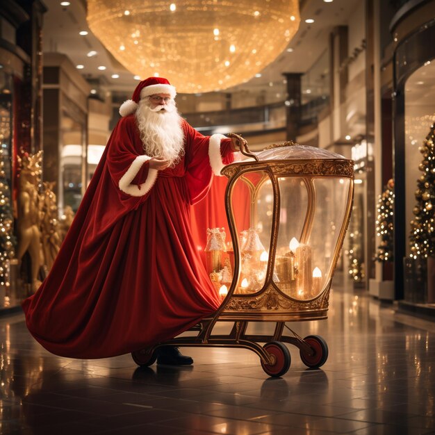 Santa claus in a red costume is pushing hotel trolley