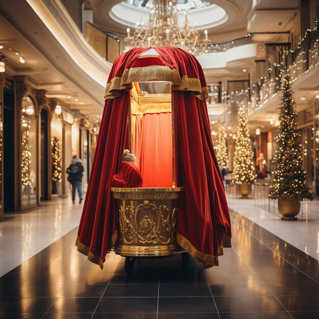 Foto babbo natale in costume rosso spinge il carrello dell'hotel