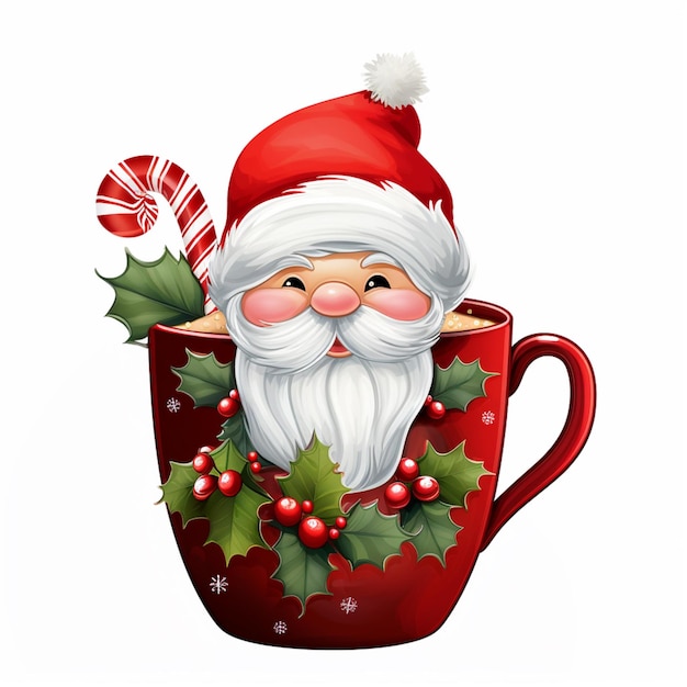 santa claus in a red cup with holly leaves and candy cane generative ai