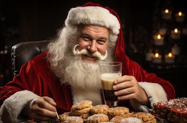 santa claus in red festive costume eating fast foodjunk unhealthy food