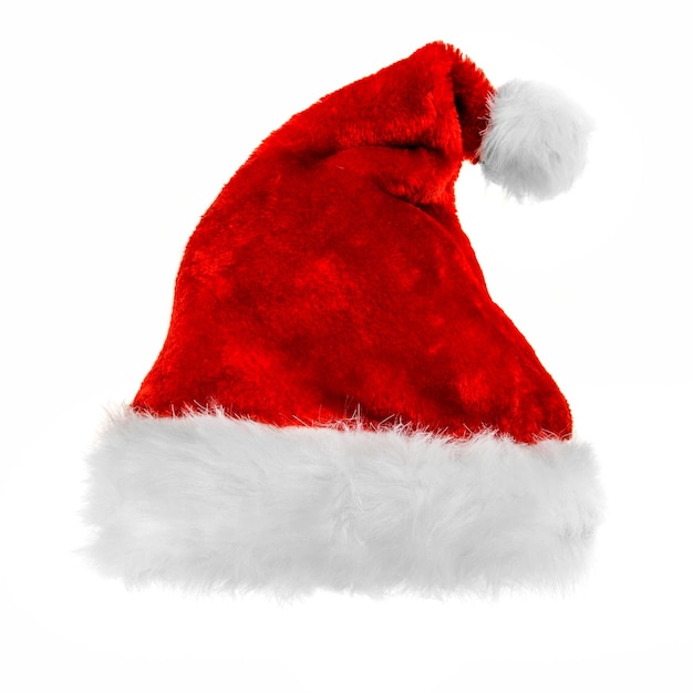 Cappello rosso di babbo natale su sfondo bianco.