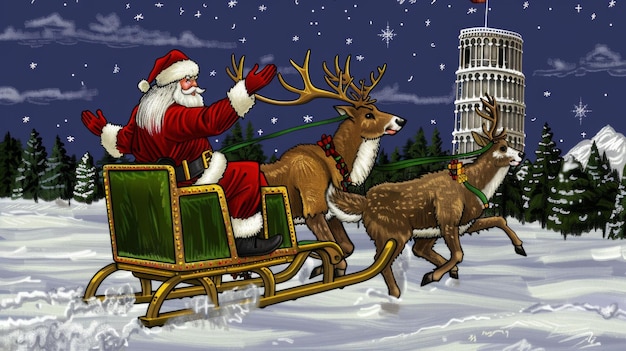 Санта-Клаус и олени в санях с наклонной башней Пизы на заднем плане