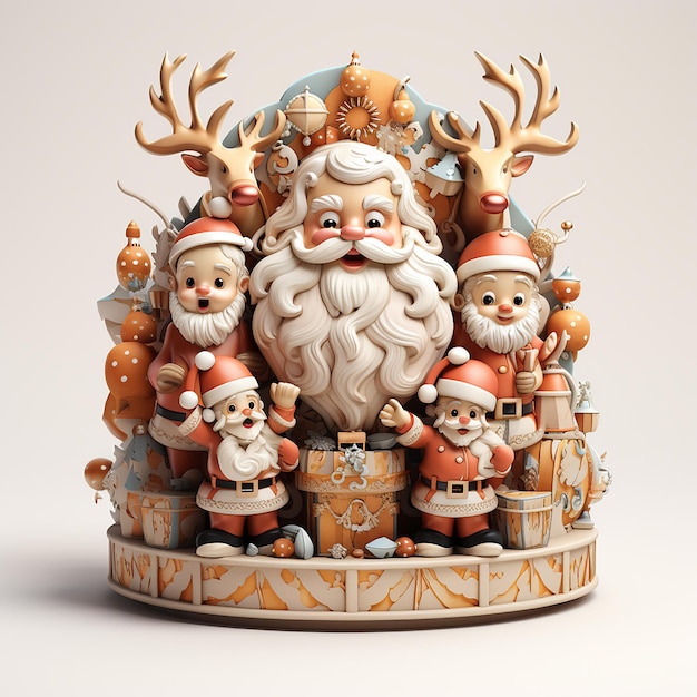 Санта-Клаус и олени с украшениями открыли подарочную коробку, элементы рождественской темы, 3D иллюстрация