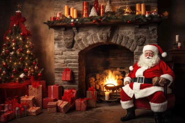 Санта-Клаус отдыхает в кресле рядом с камином и рождественской елкой