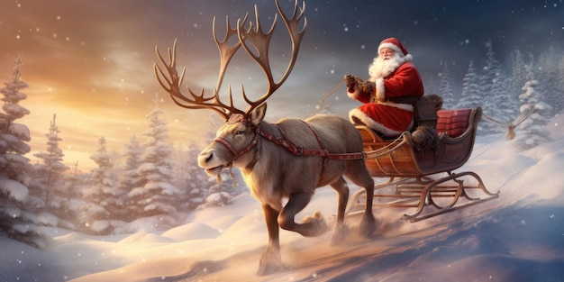 Santa Claus rides in a reindeer sleigh He hastens to give gifts before Christmas