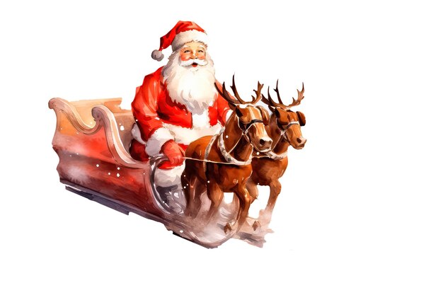 Santa Claus rides in a sleigh Christmas and New Year's theme in watercolor style on white background