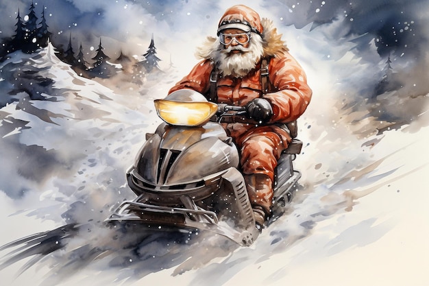 Santa Claus rides a snowmobile in the mountains Watercolor painting