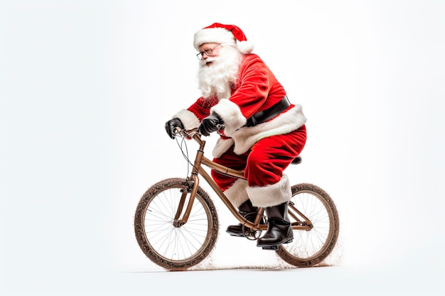 Santa claus riding a bike isolated on white background