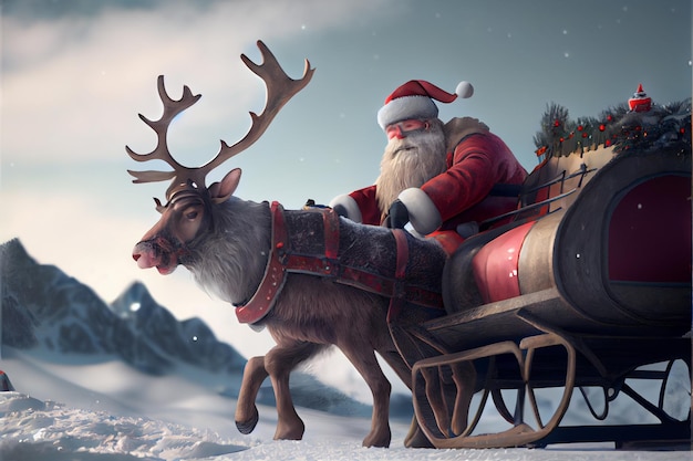 Santa Claus riding a deer in a sleigh cartoon 3D Merry Christmas