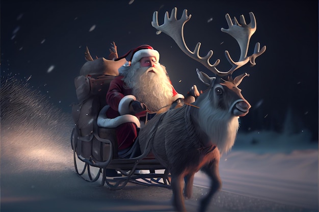 Foto babbo natale in sella a un cervo in una slitta cartone animato buon natale 3d