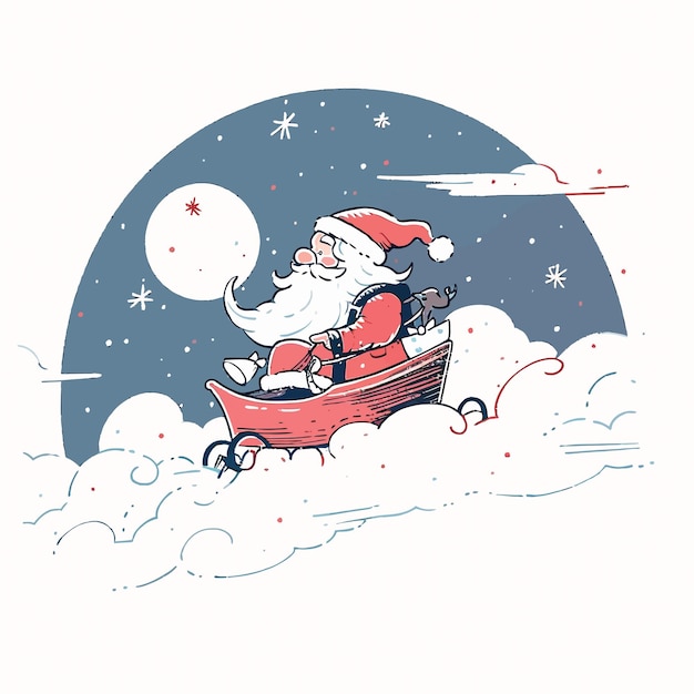 Santa Claus riding his sleigh across a moonlit sky on Christmas Eve Vector Illustration