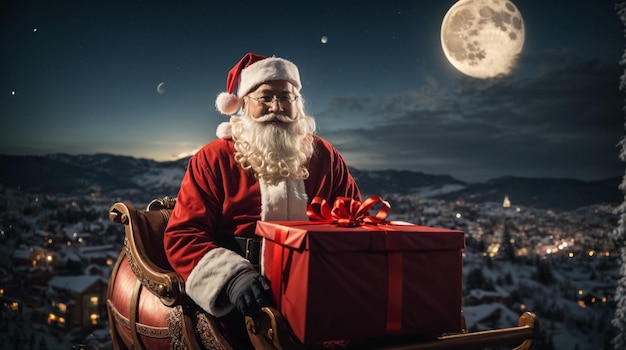 写真 サンタクロースが ⁇ 街の上の明るい月に対してギフトボックスを持ったスレーに乗っています ⁇