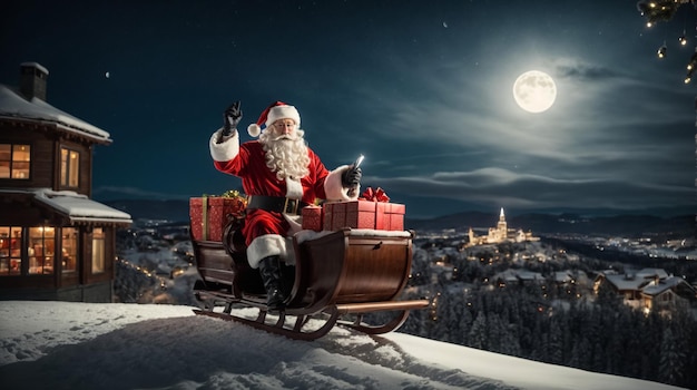 写真 サンタクロースが ⁇ 街の上の明るい月に対してギフトボックスを持ったスレーに乗っています ⁇