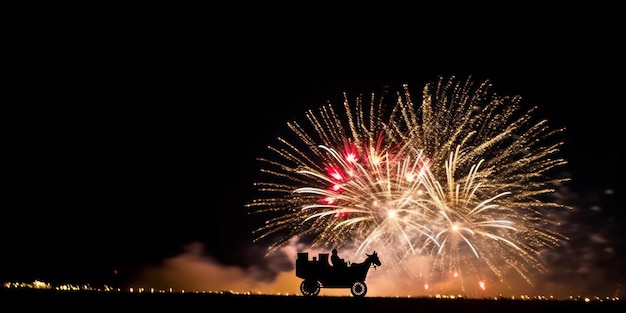 Santa Claus riding a reindeer sleigh carrying gifts and some fireworks in the background