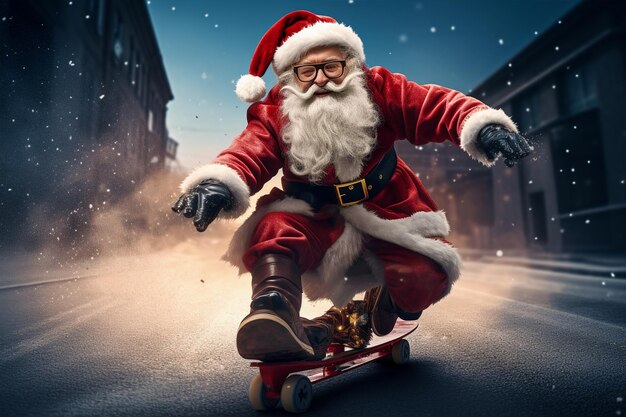 Foto babbo natale su uno skateboard sulla strada christmas concept.